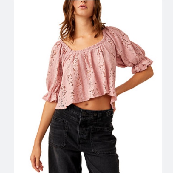 NWT Free People Stacey Rose Open Lace Knit Puff Short Sleeve Crop Top - Picture 1 of 6